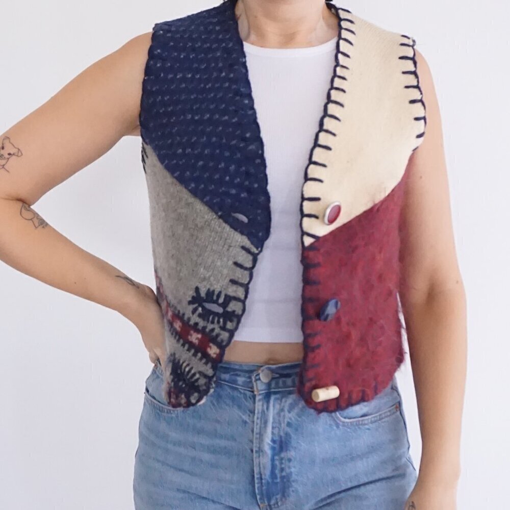 Vintage Baabaa Zuzu Navy Maroon Patchwork Handmade Wool Button Up Vest S